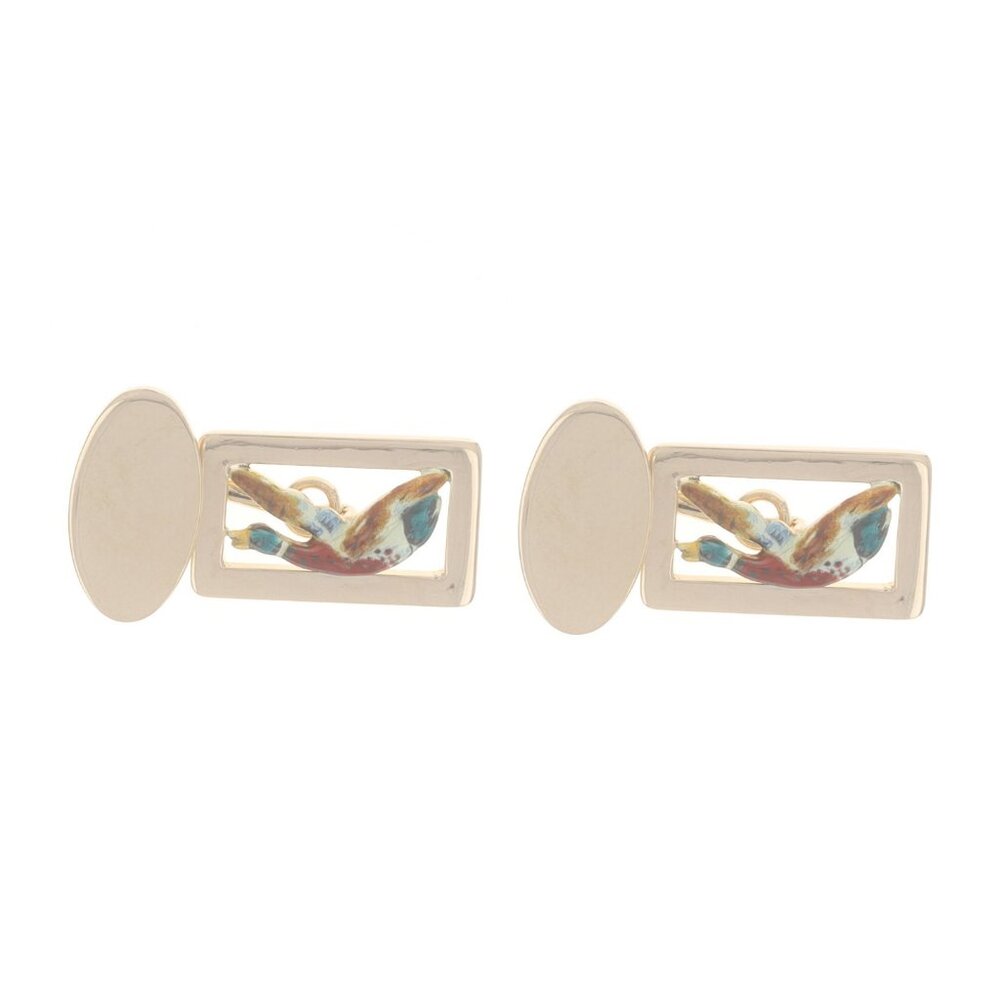 Yellow Gold Enamel Vintage Flying Duck Men's Cufflinks - 14k Waterfowl Birds